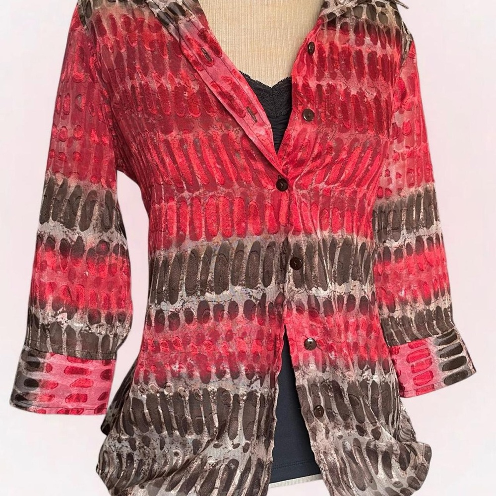 TanJay Red & Brown Boho Button-Front Blouse 🍒🤎